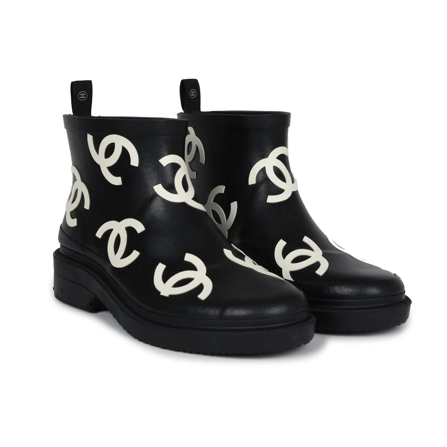 Chanel CC Caoutchouc Rain Boots Black/White Rubber 37 EU