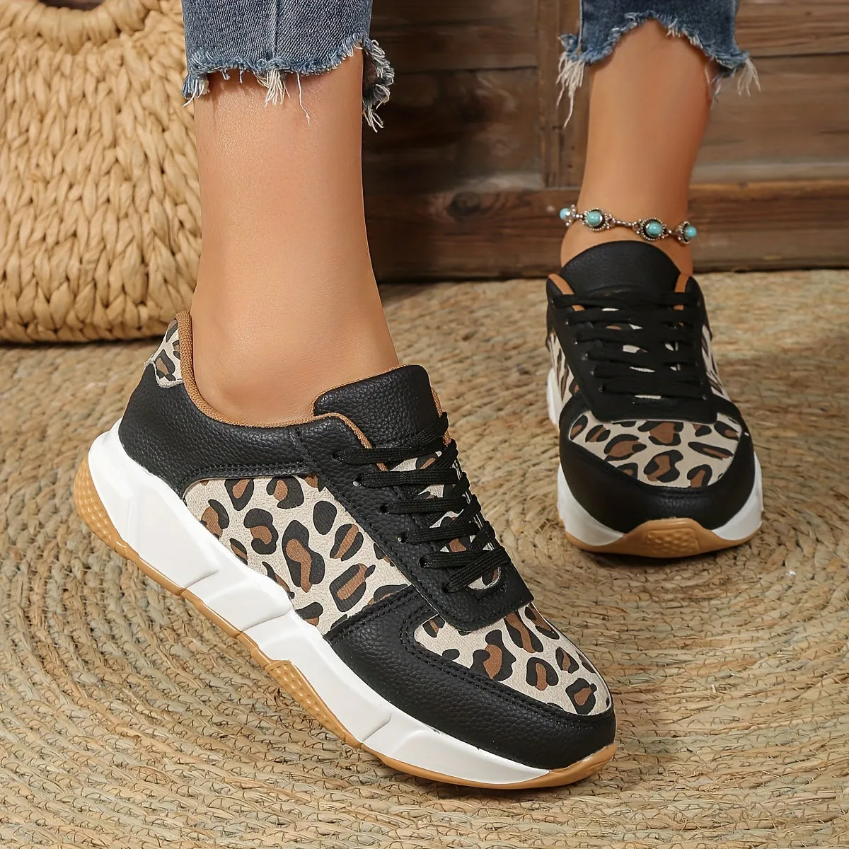 elveswallet Breathable Elastic Leopard Vulcanized Sneakers