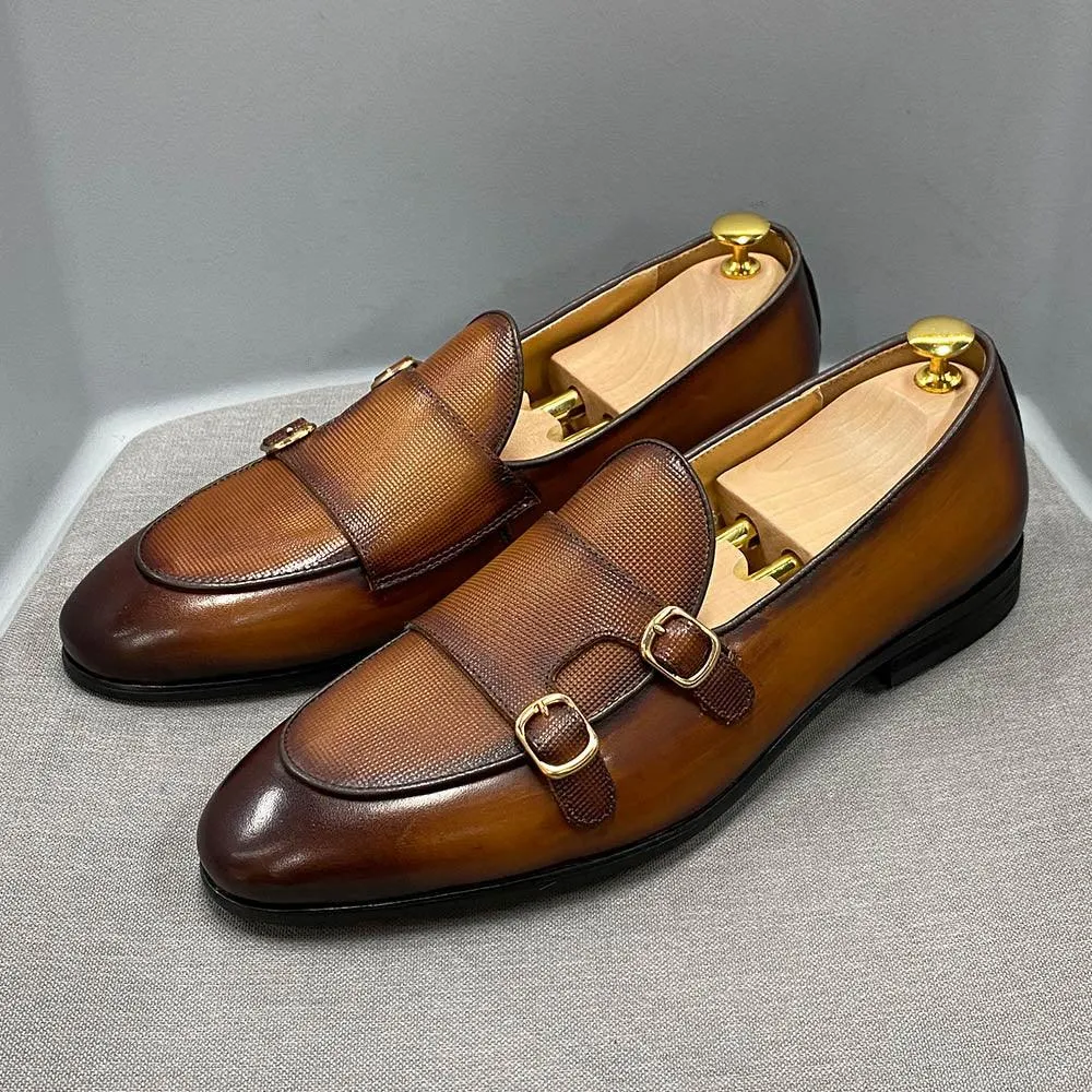 Leather Monk Strap Slip-On Loafers - Men Shoes