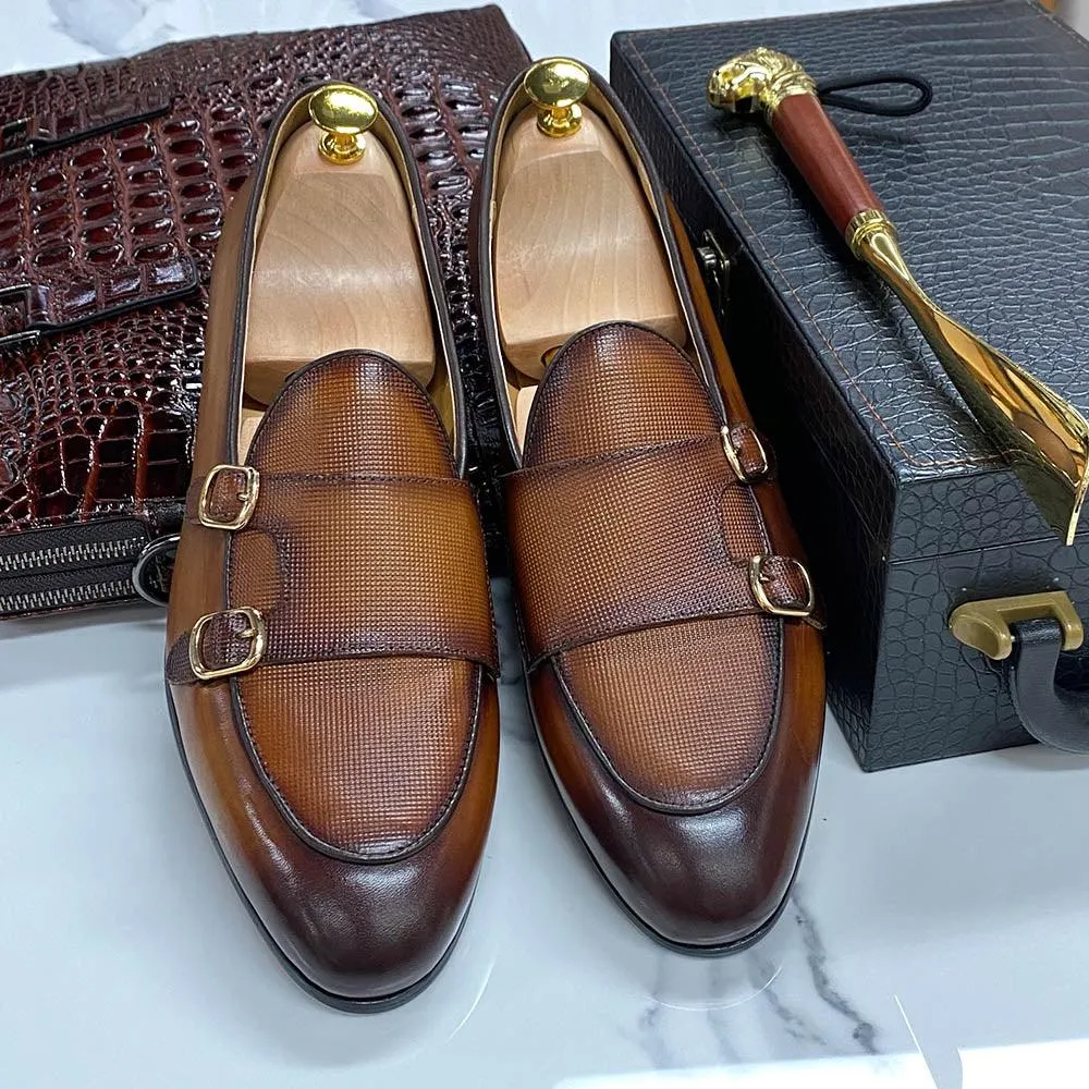 Leather Monk Strap Slip-On Loafers - Men Shoes