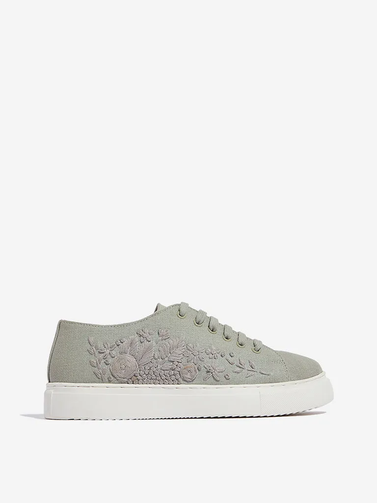 LUNA BLU Grey Floral Embroidered Lace-Up Sneakers